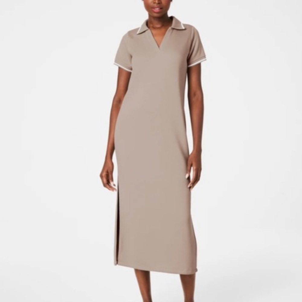 Spanx Sz XS Air Essentials Pique AirPique Sort Sleeve Polo Midi Dress Ashwood